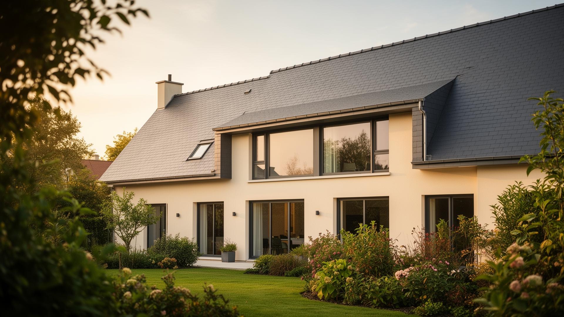 Maison familiale française moderne dans un jardin verdoyant